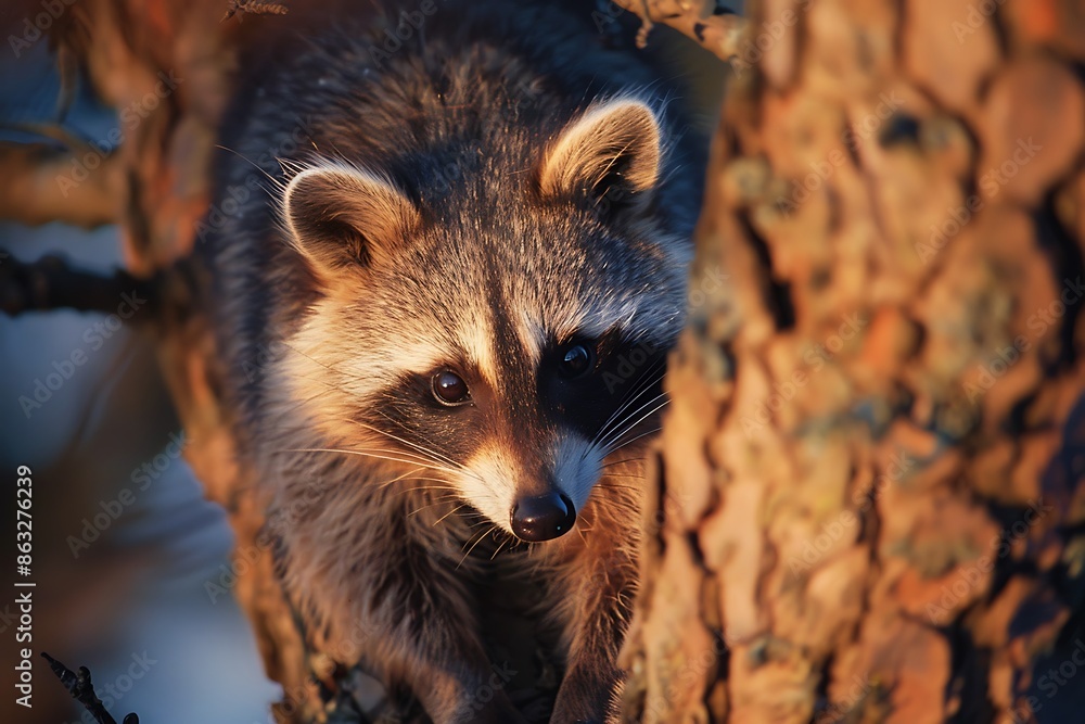 Fototapeta premium Photo of a single raccoon dog shot direction from above pose climbing a tree time of day sunset 
