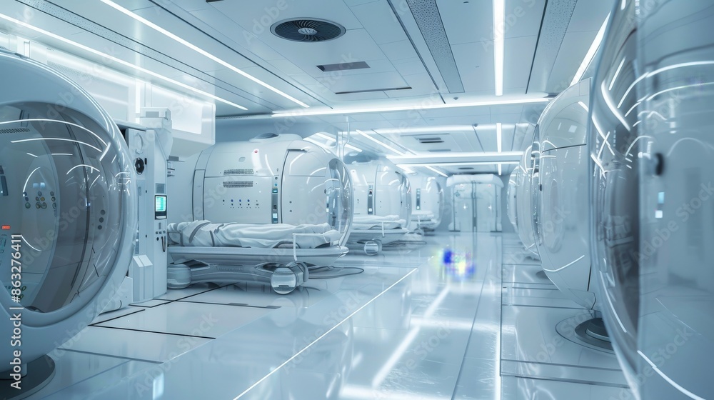 Obraz premium Futuristic medical facility with rows of white pods and blue glowing lights. Sterile and modern interior design.