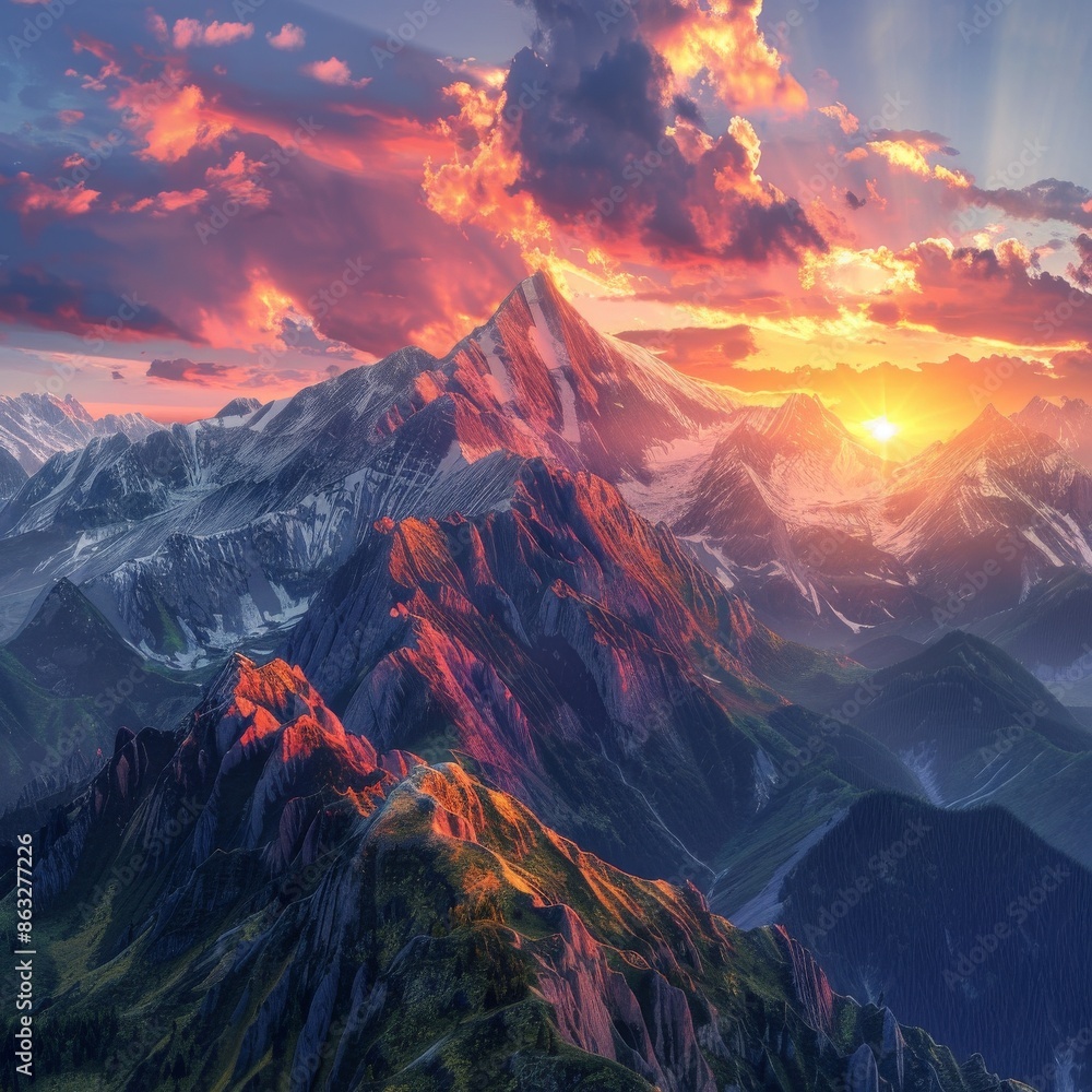 Majestic mountain range bathed in the warm glow of a vibrant sunset. Majestic mountain range bathed in the warm glow of a vibrant sunset.