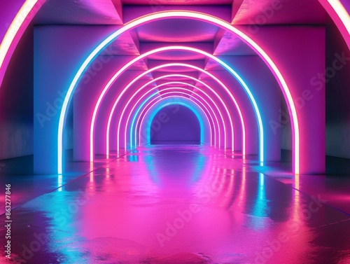 Neon arches create a futuristic and colorful hallway. The vibrant pink and blue lights reflect on the wet floor.