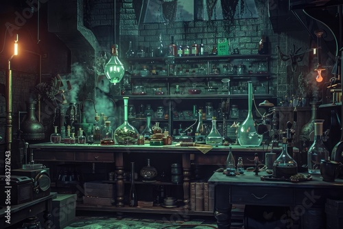 Wallpaper Mural A dark and eerie laboratory with bubbling potions, strange scientific instruments, and an overall mad scientist vibe perfect for Halloween Torontodigital.ca