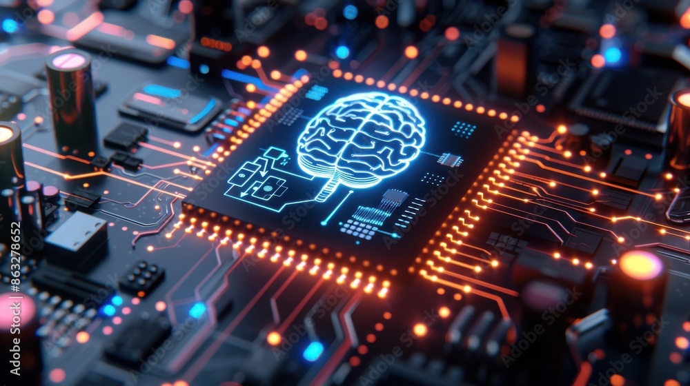 custom made wallpaper toronto digitalA digital illustration of artificial intelligence concept, showcasing a glowing brain symbol on a microchip with electronic circuit components.