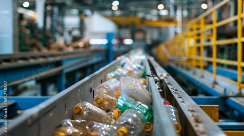 Plastic bottles move along a conveyor belt in a factory. A blurry background of workers and machinery is seen.