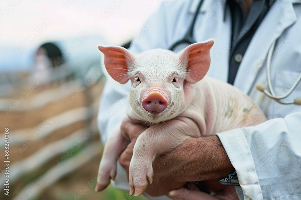 man veterinarian holding little pig on farm man veterinarian holding little pig on farm