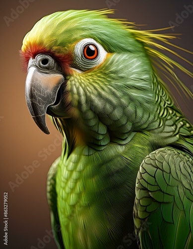 An Indian Ringneck Parakeet with its head tilted to one side, showcasing its bright green feathers and distinctive neck ring, set against a plain background to bring focus to the bird’s inquisitive ex photo