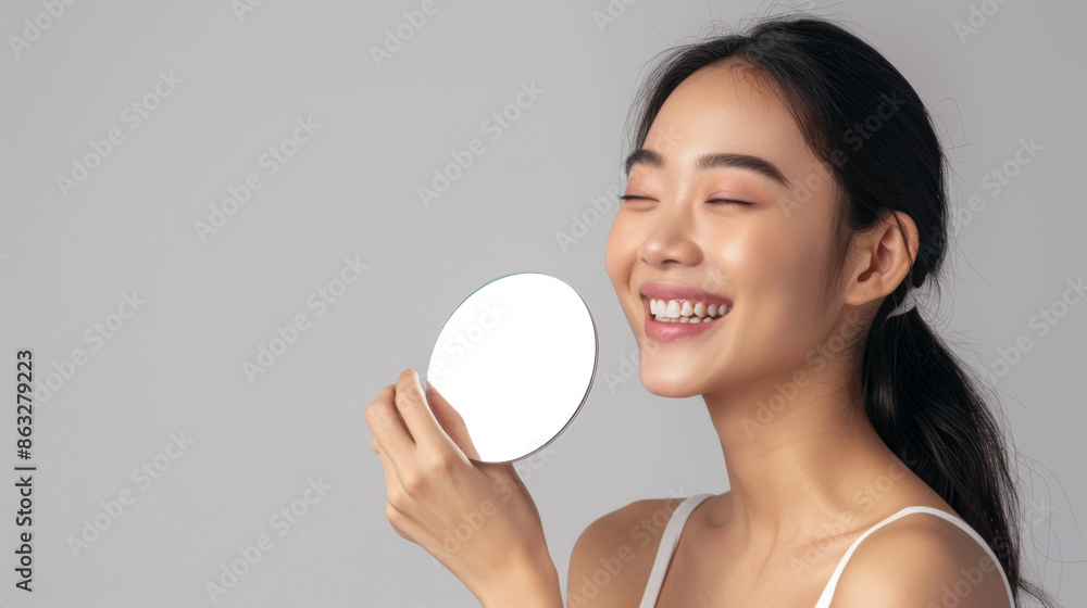 A happy young Asian woman holding a mirror, smiling with her eyes closed A happy young Asian woman holding a mirror, smiling with her eyes closed