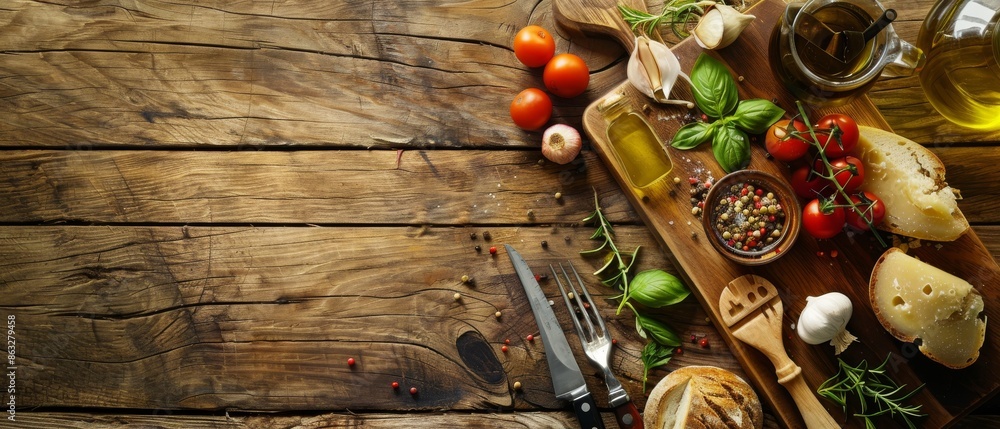 Rustic wooden table with ingredients for cooking, including tomatoes, herbs, and bread. Rustic wooden table with ingredients for cooking, including tomatoes, herbs, and bread.