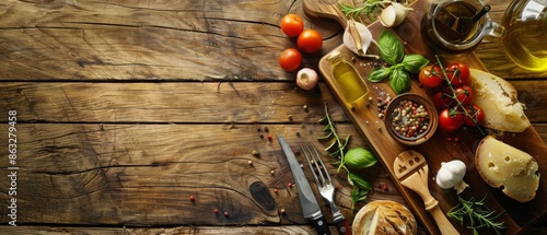 Rustic wooden table with ingredients for cooking, including tomatoes, herbs, and bread.