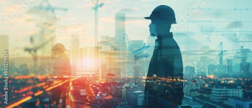 Wallpaper Mural Silhouette of a construction worker against a city skyline. Torontodigital.ca