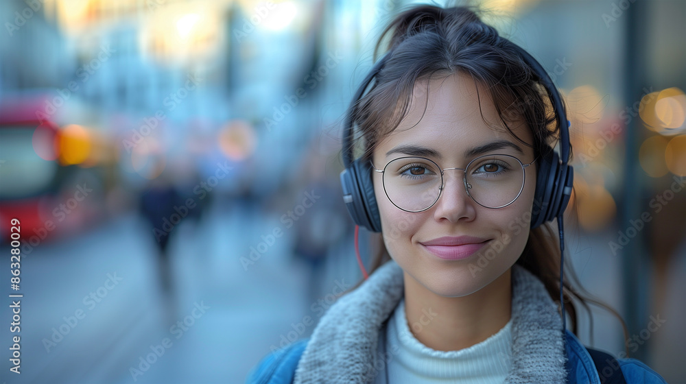 Portrait of a young female student smiling, casually dressed with wireless headphones. Portrait of a young female student smiling, casually dressed with wireless headphones.