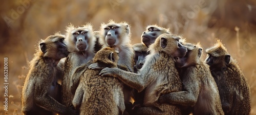 Photo of troop of baboons shot direction the front pose grooming each other time of day late afternoon National Geographic film type Kodak Portra 400 using a wide aperture for shallow depth of field photo