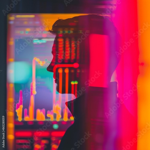 Silhouette of a man with glowing pink and purple lights behind him.