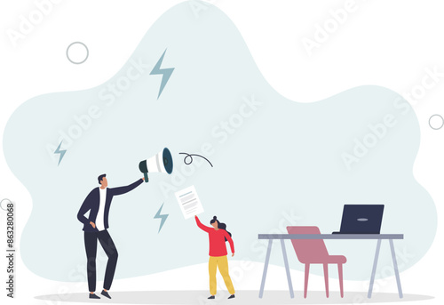 Workplace bullying and mental harassment from boss.Conflict and bully behavior to female victim.flat illustration.