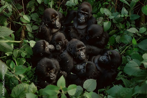 Photo of a troop of gorillas shot direction from above pose sitting together time of day early morning National Geographic film type Kodak UltraMax 400 using a wide aperture for shallow depth of field photo