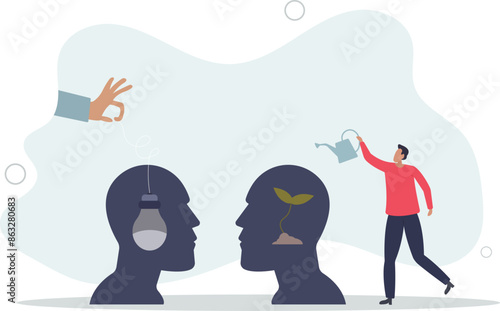 Skills growth using guidance and coaching to implement idea in employee head .flat illustration.
