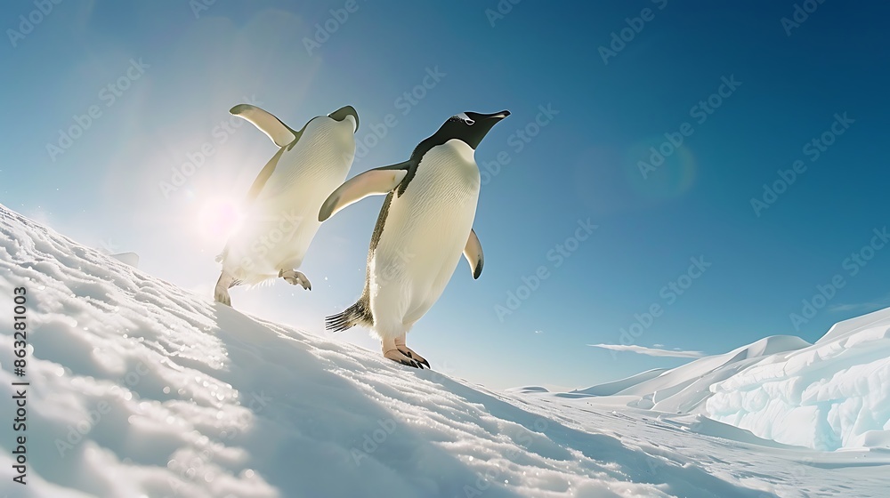 Obraz premium Photo of an emperor penguin shot direction from below pose sliding on ice time of day golden hour 