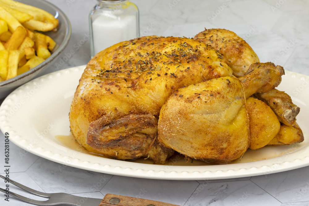 poulet rôti et frites, vue du dessus poulet rôti et frites, vue du dessus