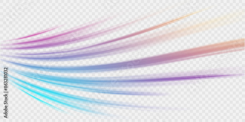 Neon stripes in the form of drill, turns and swirl. Illustration of high speed concept. Image of speed motion on the road. Abstract background png in blue and purple neon glow colors.