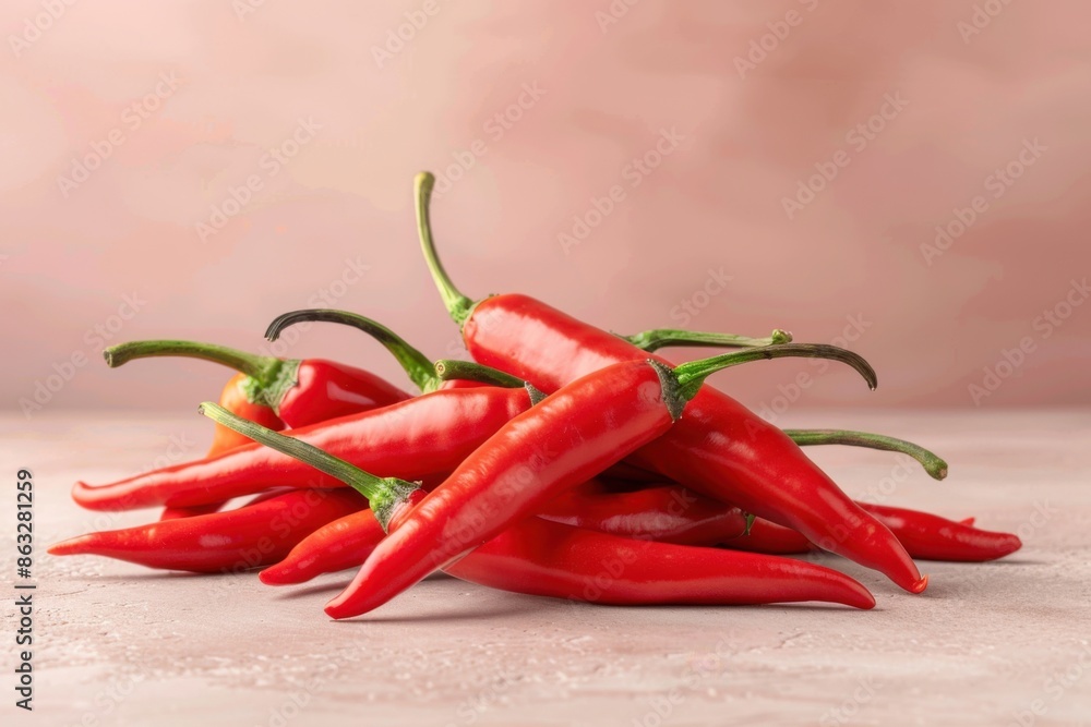 A bunch of red chili peppers is displayed against a soft pink background. The chili peppers are fresh and vibrant with a glossy texture. A bunch of red chili peppers is displayed against a soft pink background. The chili peppers are fresh and vibrant with a glossy texture.