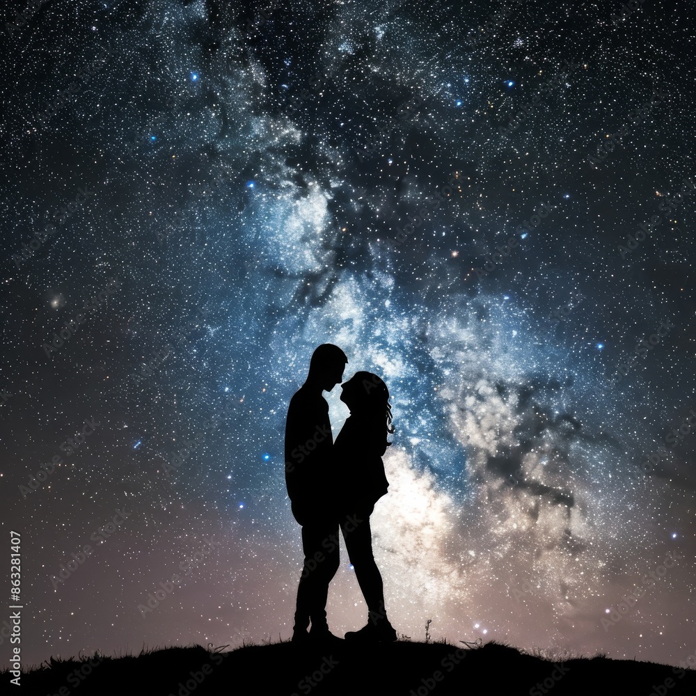 Silhouettes of a couple standing together under a breathtaking starry sky, with the Milky Way galaxy in the background. Silhouettes of a couple standing together under a breathtaking starry sky, with the Milky Way galaxy in the background.