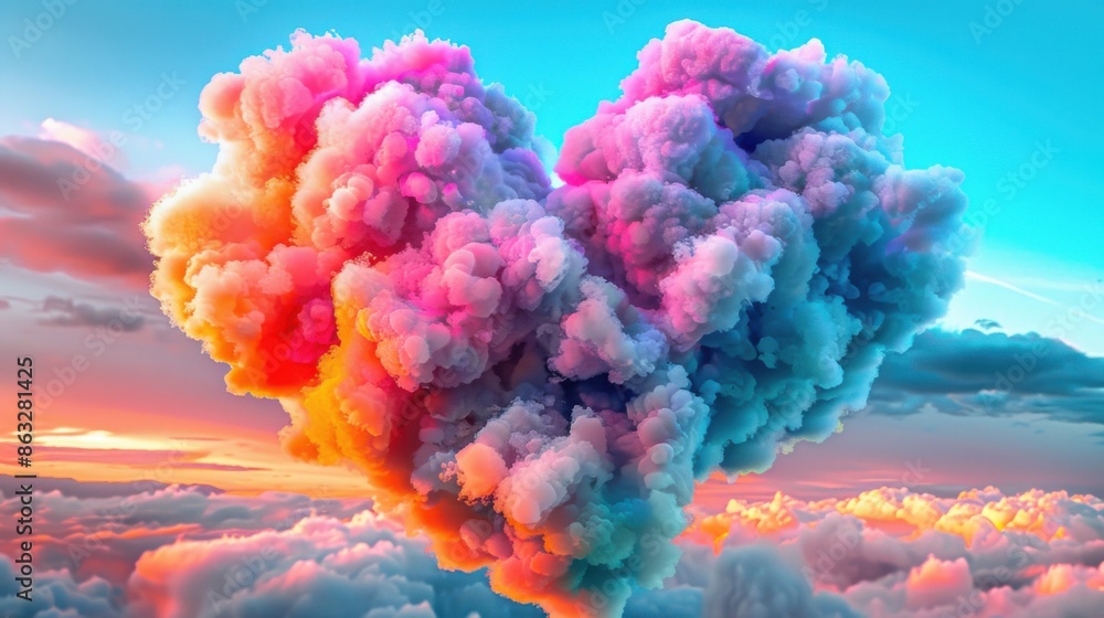 A vibrant, heart-shaped cloud floats amidst a colorful sky, symbolizing love and Valentine's Day. The scene exudes warmth and romance, painted with a palette of pink, purple, and blue hues. A vibrant, heart-shaped cloud floats amidst a colorful sky, symbolizing love and Valentine's Day. The scene exudes warmth and romance, painted with a palette of pink, purple, and blue hues.