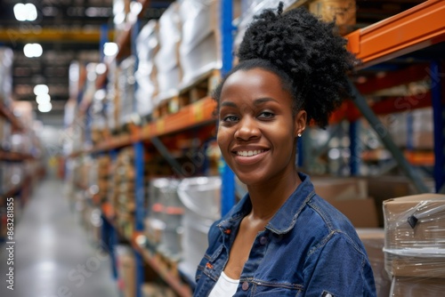 Portrait of a smiling young adult woman working in warehouse © Baba Images