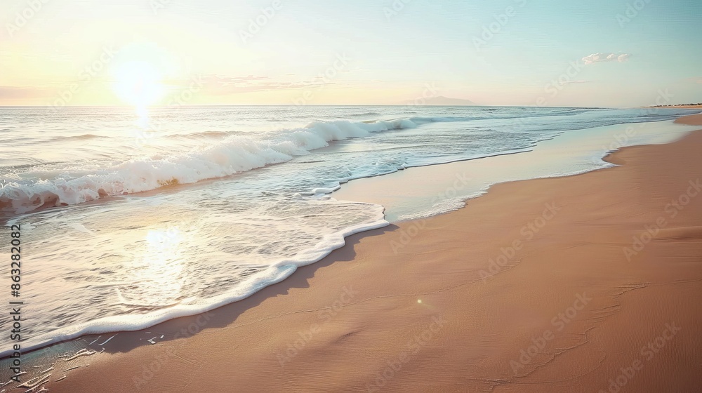 Obraz premium Soft waves gently lap at the shore of a sandy beach, illuminated by the warm glow of the setting sun.
