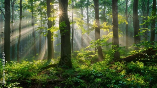 Sunbeams pierce through the dense forest canopy, illuminating a misty morning scene.