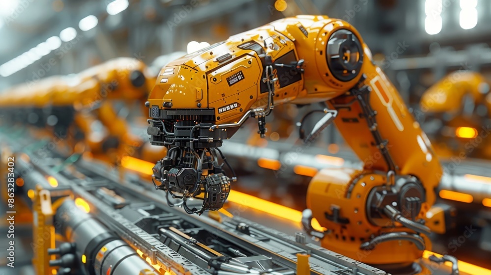 A welding robot controls an automatic arm machine in an intelligent factory with monitoring software in the automotive industry. Industry 4.0. A welding robot controls an automatic arm machine in an intelligent factory with monitoring software in the automotive industry. Industry 4.0.