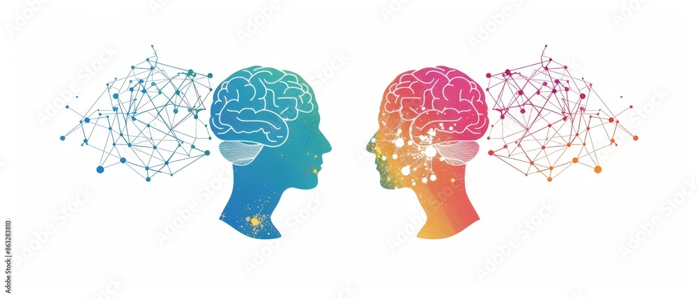 Two colorful brain profiles facing each other. Two colorful brain profiles facing each other.