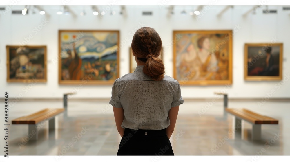 A young woman with a ponytail looks at paintings in a well-lit museum gallery. The room is spacious, with benches available for seating. A young woman with a ponytail looks at paintings in a well-lit museum gallery. The room is spacious, with benches available for seating.
