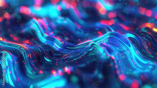 A vibrant, abstract 3D visual of interlaced strings, resembling a digital data stream with bright colors, creating a dynamic, futuristic atmosphere.