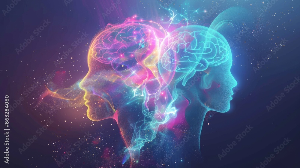 Two glowing, translucent human profiles with visible brain structures, symbolizing connection, thought, and shared consciousness. Two glowing, translucent human profiles with visible brain structures, symbolizing connection, thought, and shared consciousness.