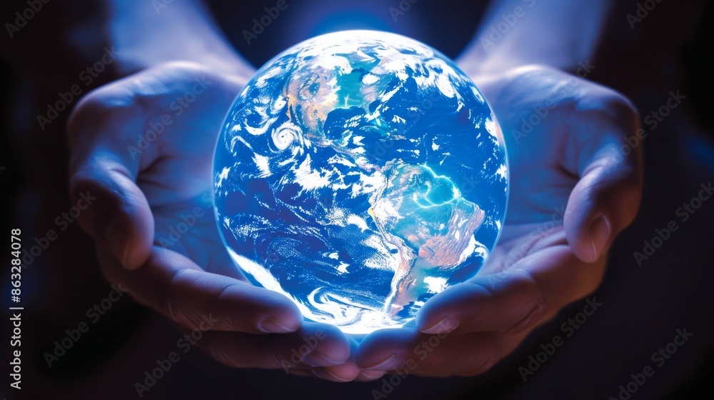Two hands cradling a glowing blue globe, symbolizing care for the planet. Two hands cradling a glowing blue globe, symbolizing care for the planet.