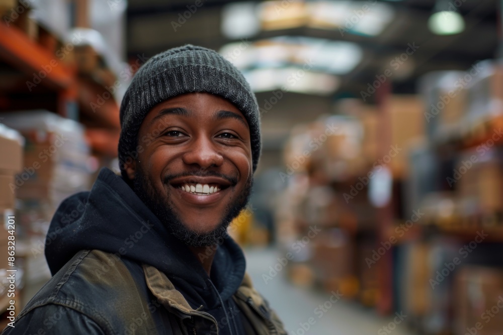 Portrait of a smiling young adult man working in warehouse Portrait of a smiling young adult man working in warehouse