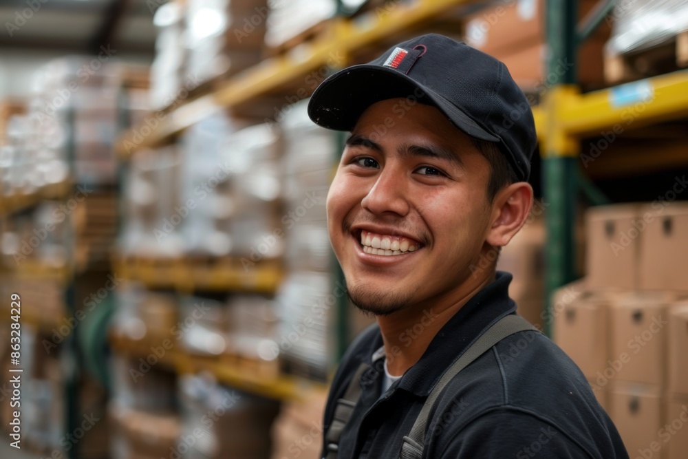 Portrait of a smiling young adult man working in warehouse Portrait of a smiling young adult man working in warehouse
