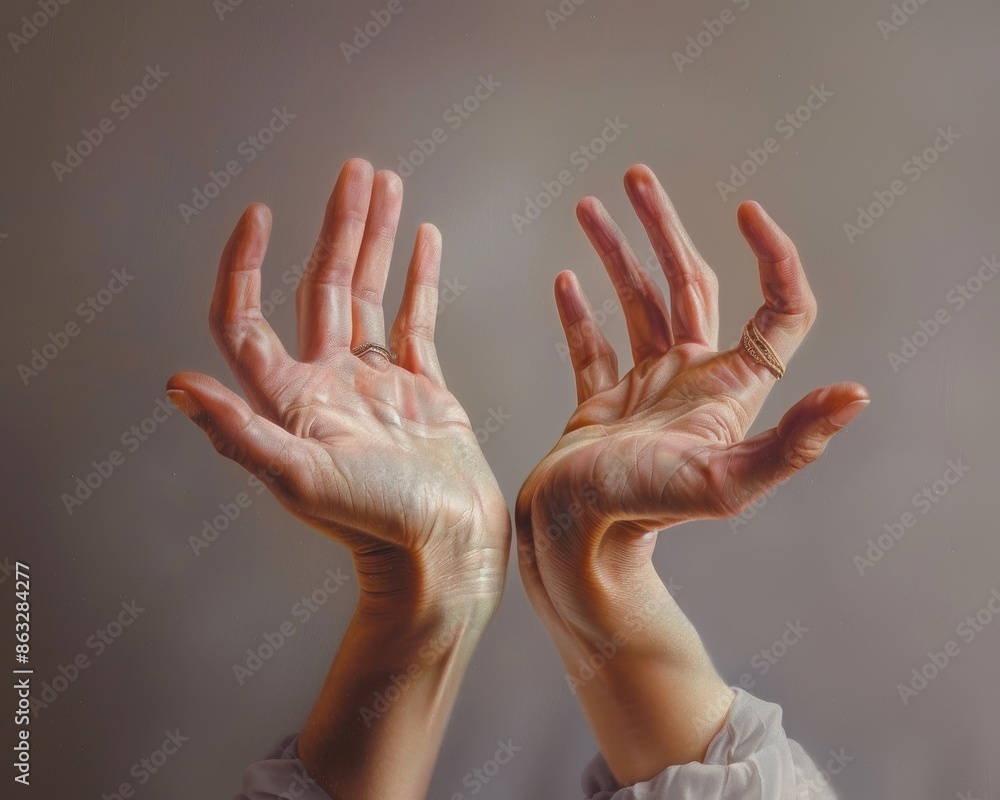 Two open hands with gold painted palms, reaching up against a neutral background. Two open hands with gold painted palms, reaching up against a neutral background.