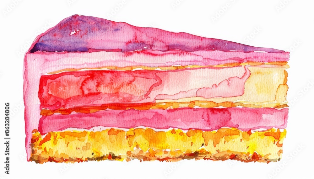 Watercolor illustration of a slice of pink cake with layers of frosting and a crust. Isolated on white background. Watercolor illustration of a slice of pink cake with layers of frosting and a crust. Isolated on white background.