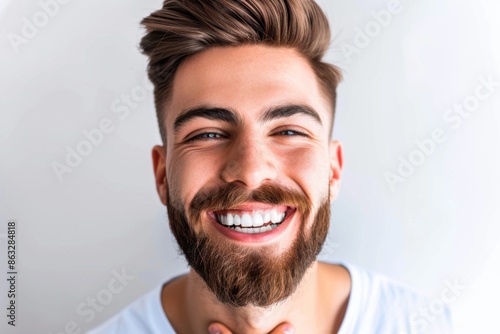A professional portrait studio photo of a handsome young man with a radiant smile. The subject has styled brown hair, a full beard, and is wearing a white shirt.