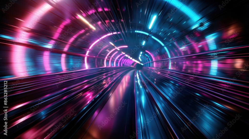 A fast underground subway train races through a brightly lit tunnel with neon lights, creating a dynamic and futuristic atmosphere. A fast underground subway train races through a brightly lit tunnel with neon lights, creating a dynamic and futuristic atmosphere.