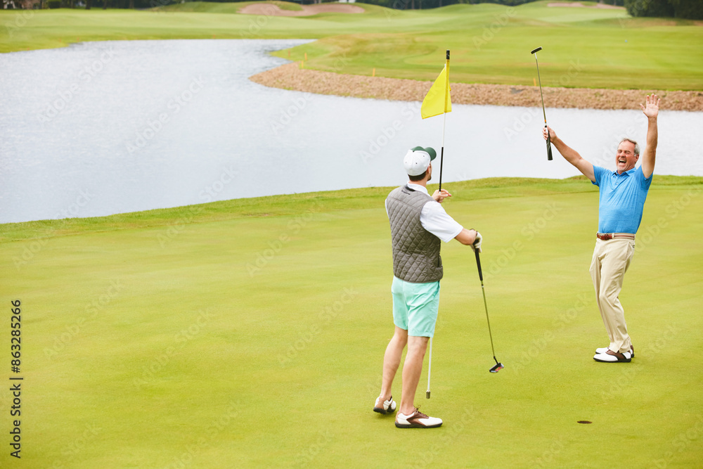 Men, golf and win with celebration in game as members in club for health, success in business. Male people, putter and golfer score with sport, exercise and networking for company at tee off Men, golf and win with celebration in game as members in club for health, success in business. Male people, putter and golfer score with sport, exercise and networking for company at tee off
