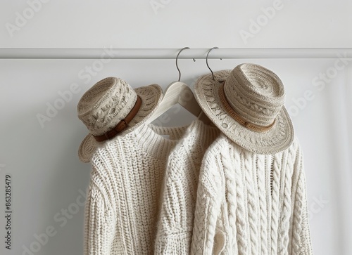 Two Beige Knit Sweaters Hanging on a Rod With Straw Hats