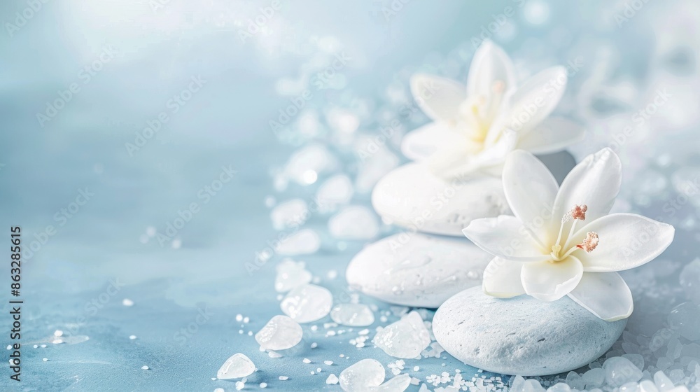 White flowers and stones on a blue background with scattered petals. A serene and tranquil image for spa, beauty, and wellness. White flowers and stones on a blue background with scattered petals. A serene and tranquil image for spa, beauty, and wellness.