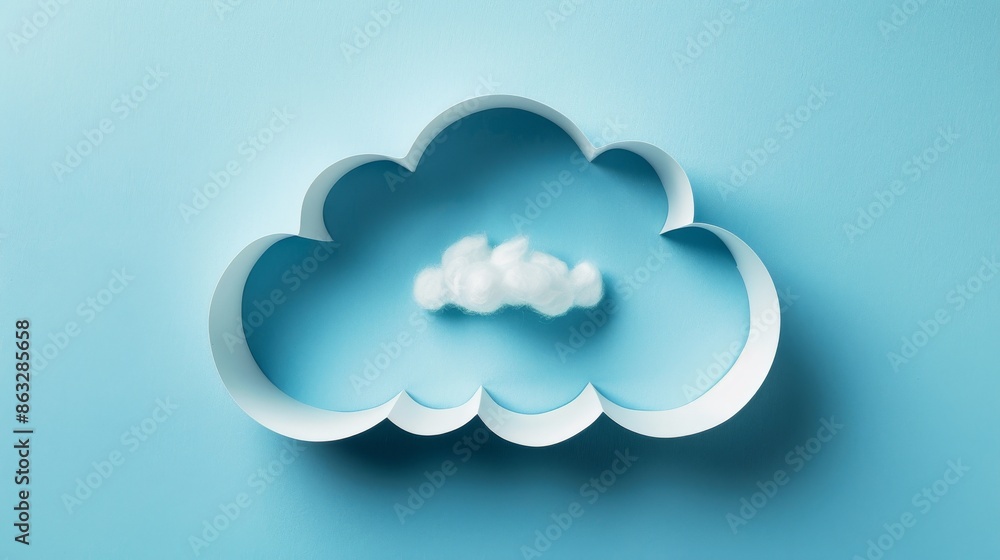 White paper cloud cutout on a blue background, with a smaller white cloud inside. White paper cloud cutout on a blue background, with a smaller white cloud inside.