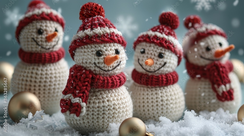 The little knitted snowmen are on a background of soft snow and a blue color The little knitted snowmen are on a background of soft snow and a blue color
