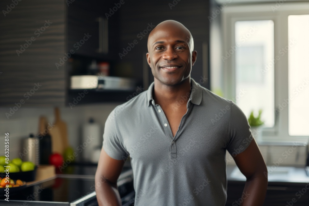 Portrait of a smiling middle aged fit man in modern kitchen with fresh vegetables Portrait of a smiling middle aged fit man in modern kitchen with fresh vegetables