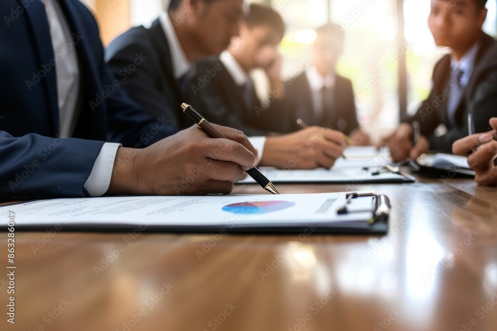 During a meeting, a group of business people analyzes data for the marketing plan. During a meeting, a group of business people analyzes data for the marketing plan.
