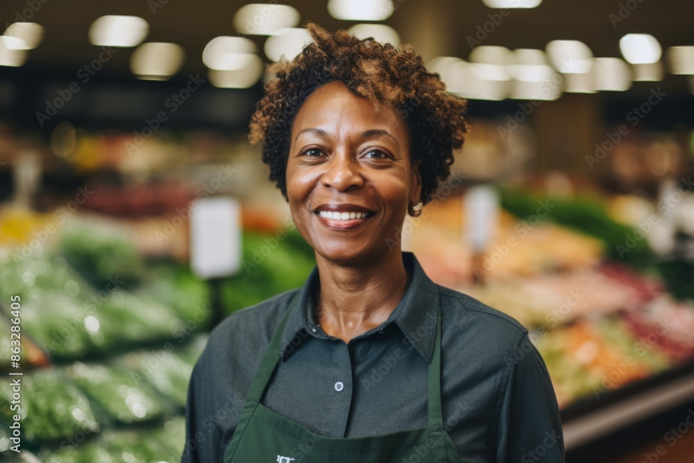 Portrait of a smiling middle aged African American female grocery store worker Portrait of a smiling middle aged African American female grocery store worker