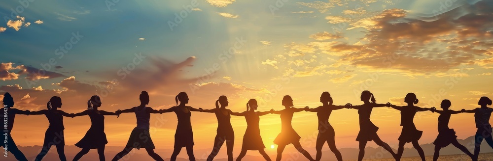 Fototapeta premium The silhouette of a group of happy business associates making high hands in beautiful sunset sky at sunset for business success and teamwork concept in the workplace.