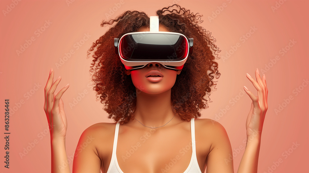 Naklejka premium Amazed young woman in virtual reality, using vr glasses headset, standing